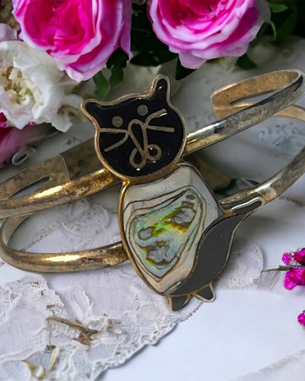 VTG Alpaca Mexico Cat kitty silver bracelet bangle