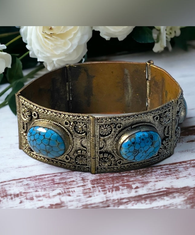 Silver filagree victorian blue glass fancy bangle