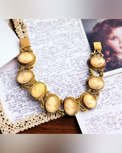 Vintage Brass fancy shell cameo link bracelet