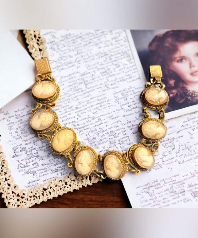 Vintage Brass fancy shell cameo link bracelet