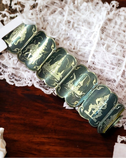 Antique Sterling silver Siam Etched black wnamel symbols Thai bangle bracelet