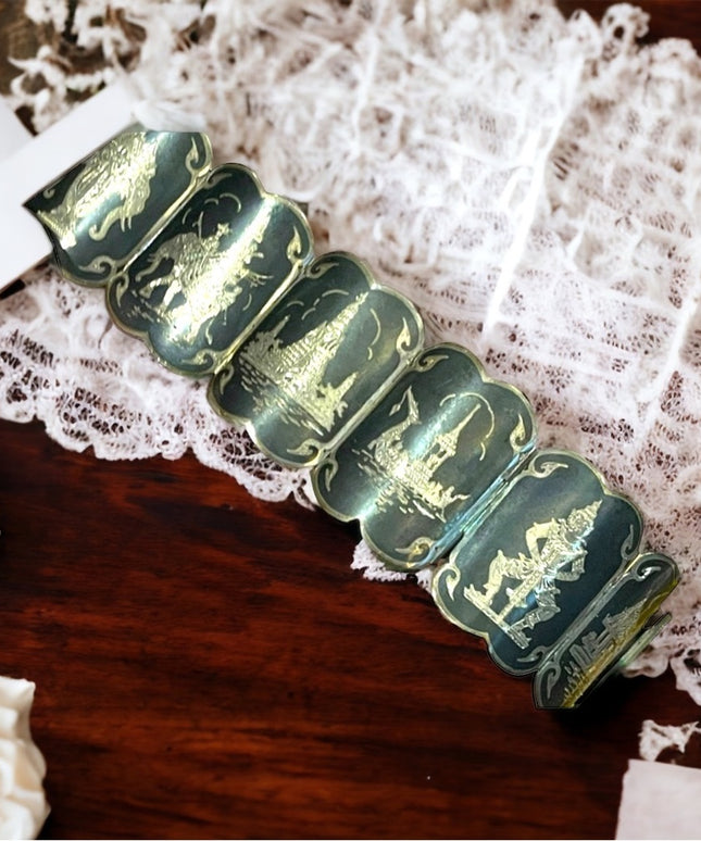 Antique Sterling silver Siam Etched black wnamel symbols Thai bangle bracelet