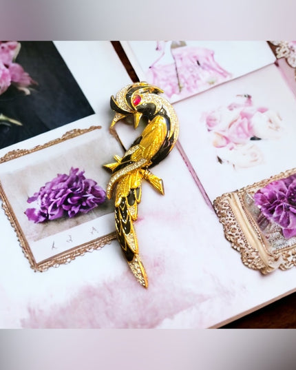 Vintage 1980s Bird of Paradise Large D orlan Crystal enameled bird brooch gold
