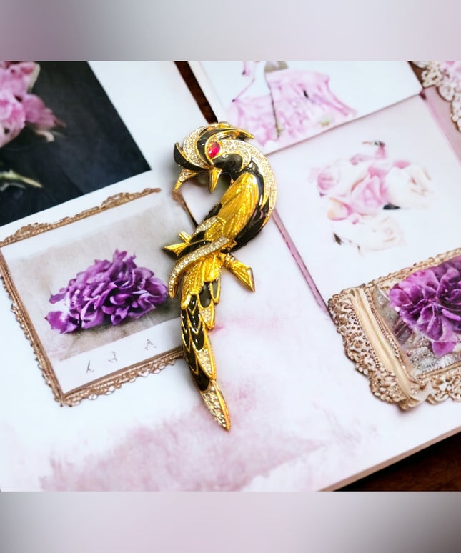 Vintage 1980s Bird of Paradise Large D orlan Crystal enameled bird brooch gold