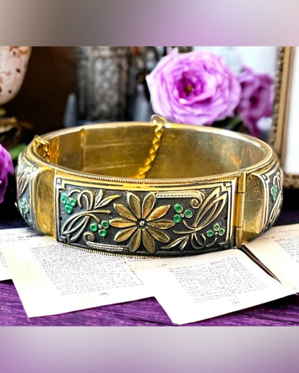 Vintage Damascene large chunky flower gold plated bangle