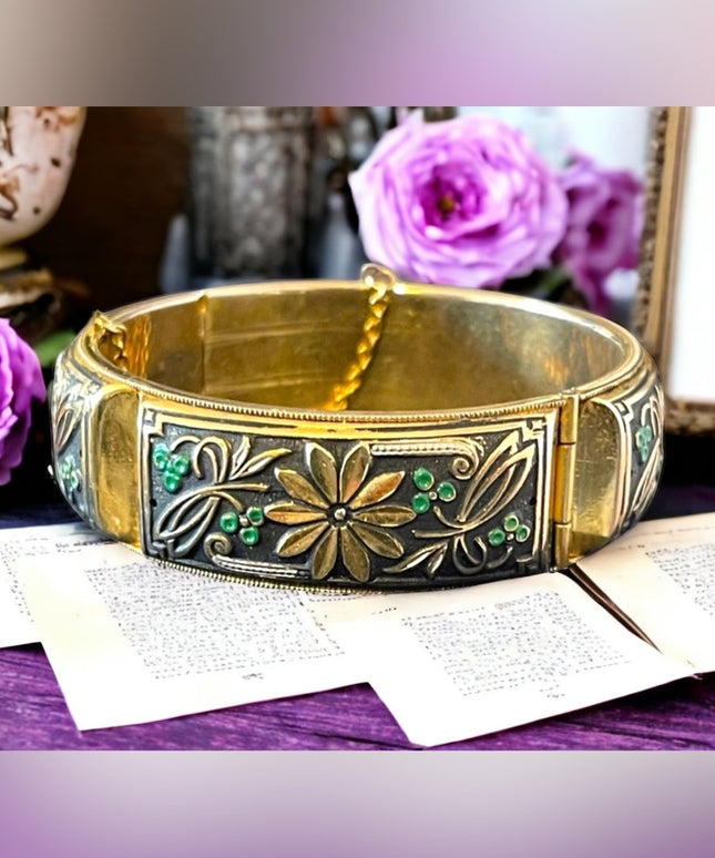 Vintage Damascene large chunky flower gold plated bangle
