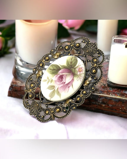 Vintage ceramic cameo flower brooch ornate Victorian LOOK  large