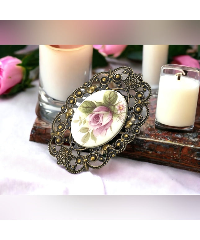 Vintage ceramic cameo flower brooch ornate Victorian LOOK  large