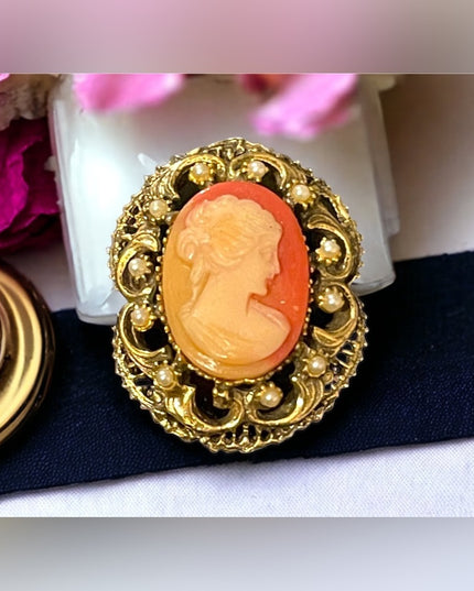 Vintage faux pearl resin cameo antiqued gold finish brooch