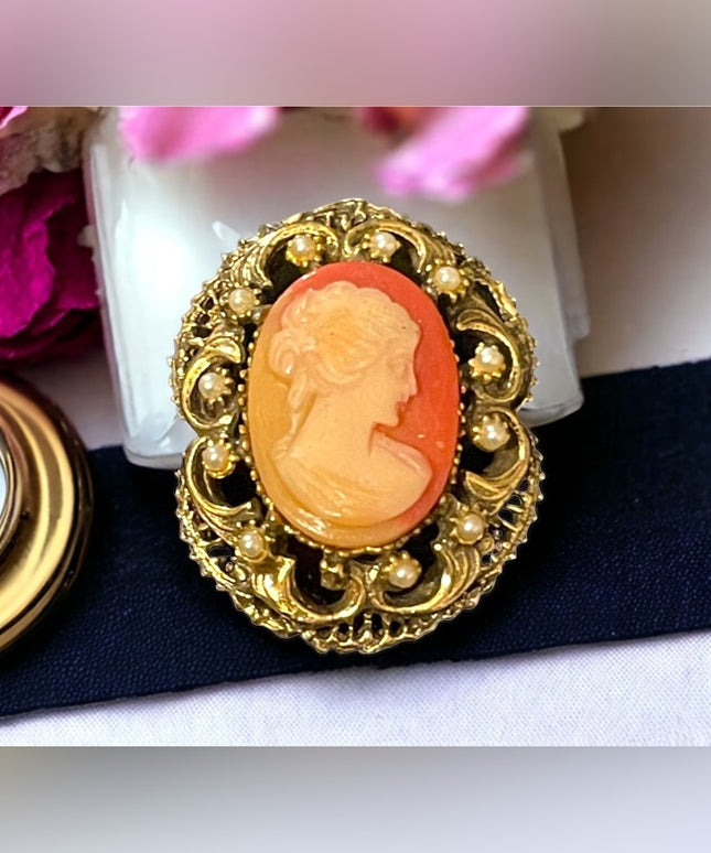 Vintage faux pearl resin cameo antiqued gold finish brooch