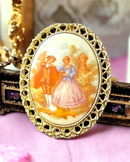Vintage victorian scene ceramic cameo brooch pendant