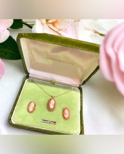 Vintage 1960s 14K Gold Filled Shell Cameo SET necklace earrings In orig box