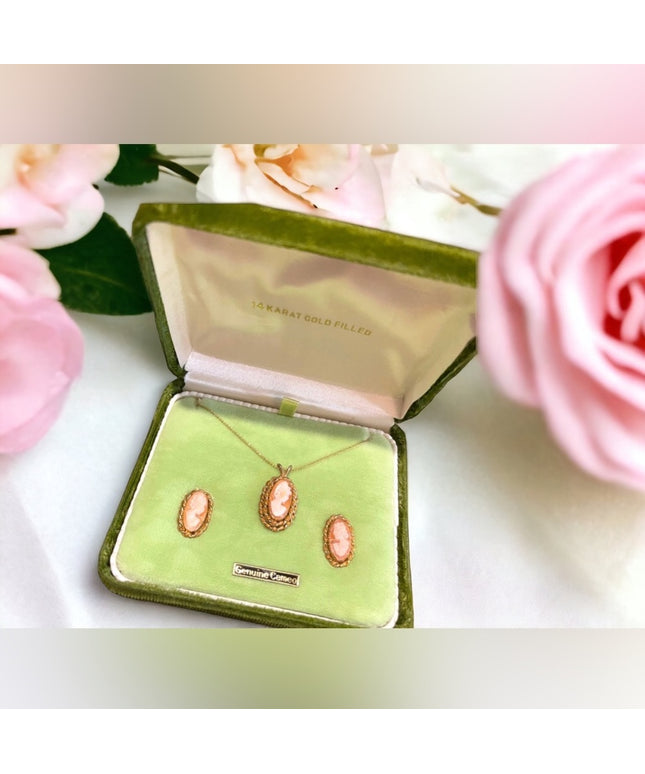 Vintage 1960s 14K Gold Filled Shell Cameo SET necklace earrings In orig box