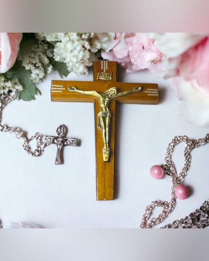 Vintage Mid Century Crucifix Olive Wood & Brass Jesus Religious 1950s