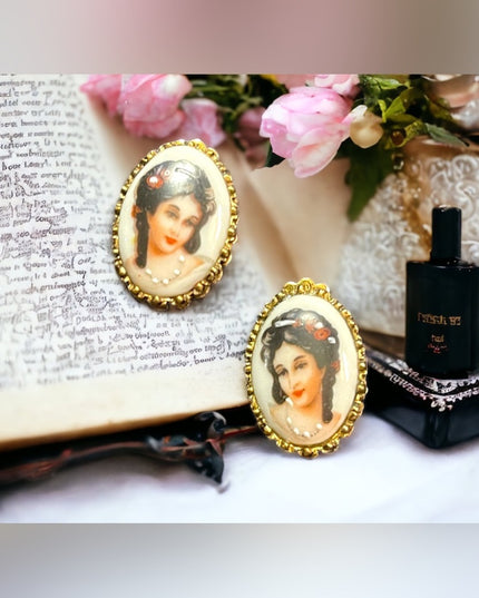 Vintage Limoges France ceramic lady cameo Clip on earrings