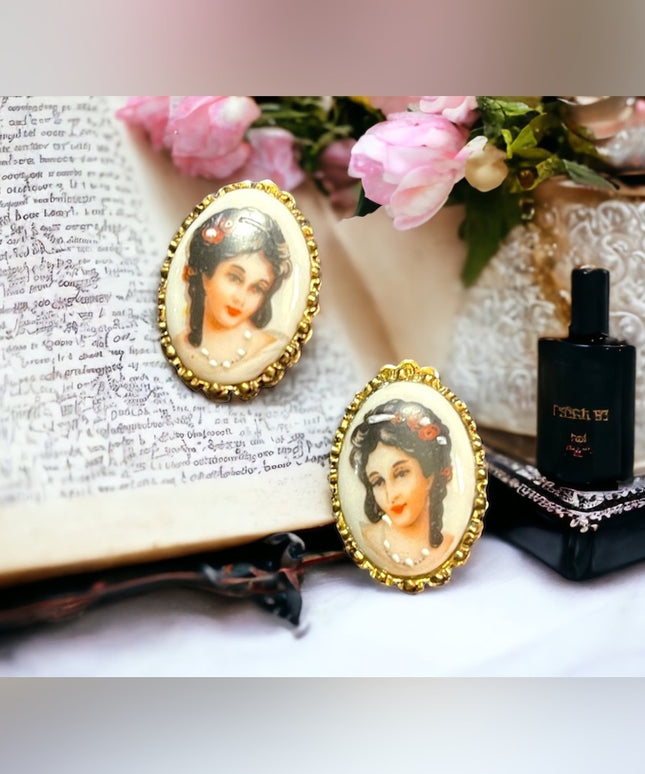 Vintage Limoges France ceramic lady cameo Clip on earrings