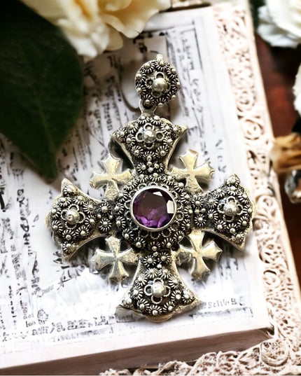 Antique Jerusalem 925 Sterling ornate Amethyst Cross Crusaders RARE LG Pendant