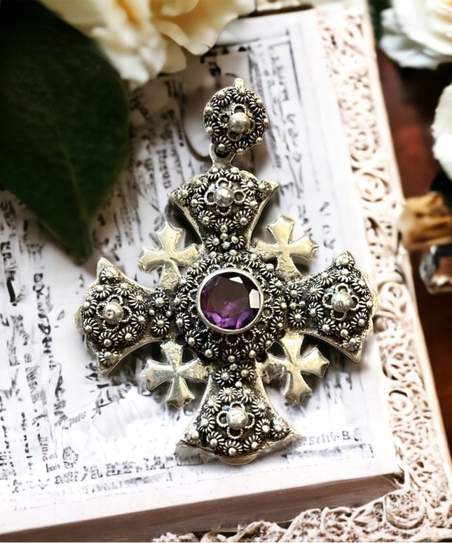 Antique Jerusalem 925 Sterling ornate Amethyst Cross Crusaders RARE LG Pendant