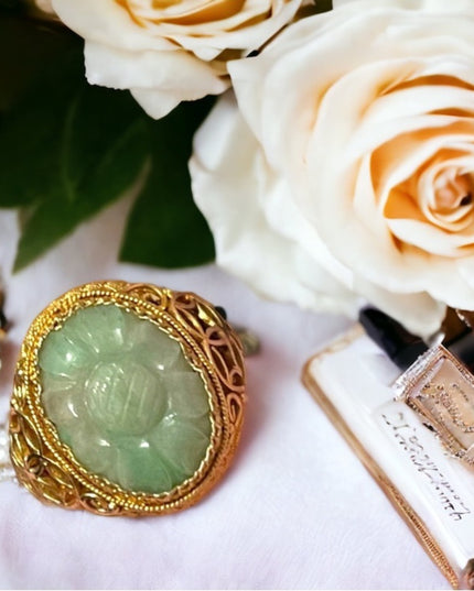 Chinese Antique Art Deco  Apple Green Jadeite Jade Filigree Ring Silver gold