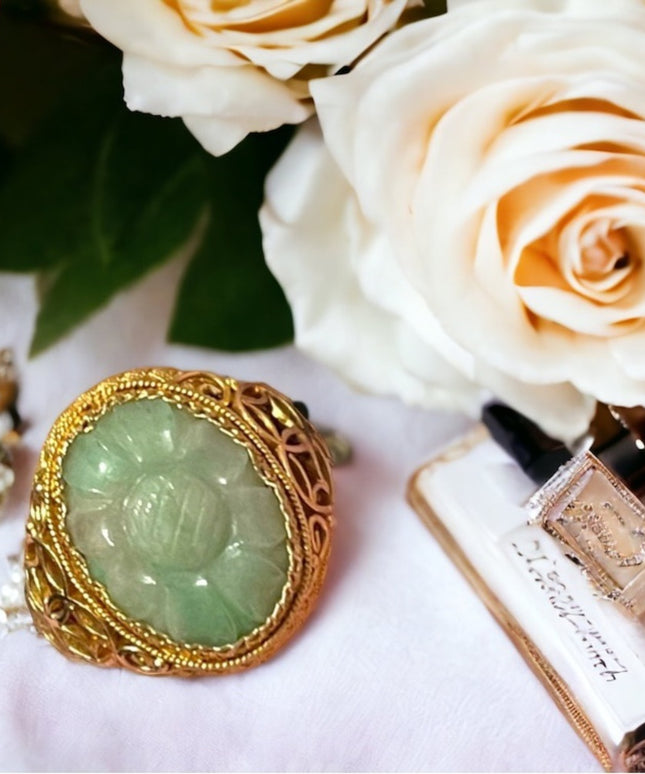 Chinese Antique Art Deco  Apple Green Jadeite Jade Filigree Ring Silver gold
