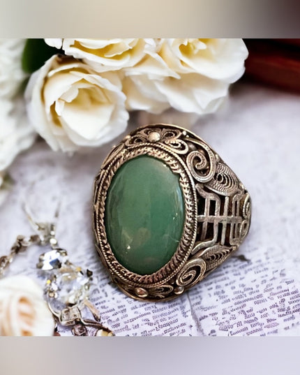 Antique Chinese Sterling silver 925 filagree good luck Jade ring export RARE