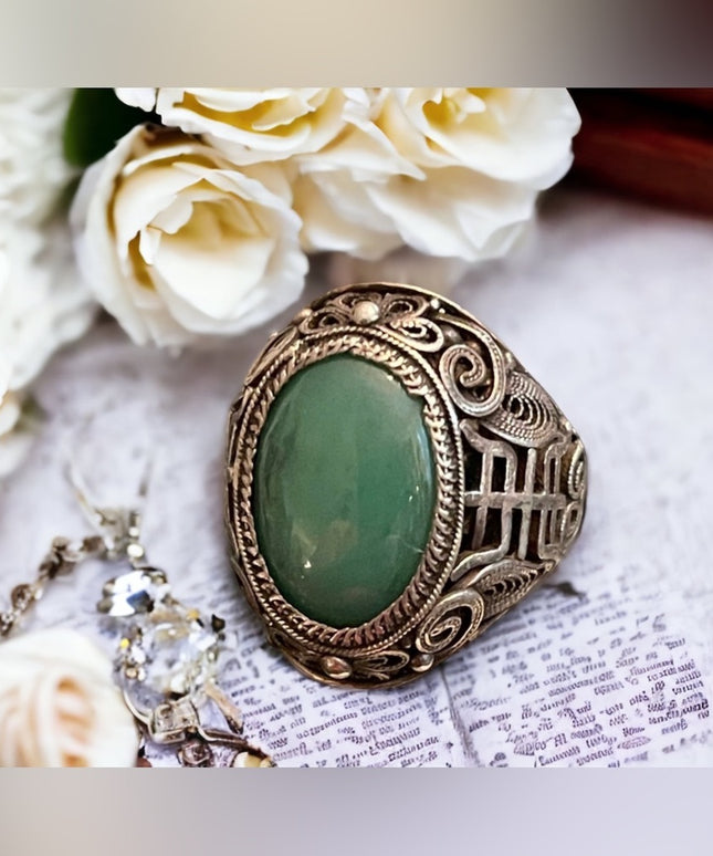 Antique Chinese Sterling silver 925 filagree good luck Jade ring export RARE