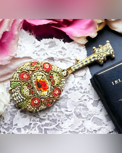Antique Micromosaic Italy Flower glass banjo brooch flowers