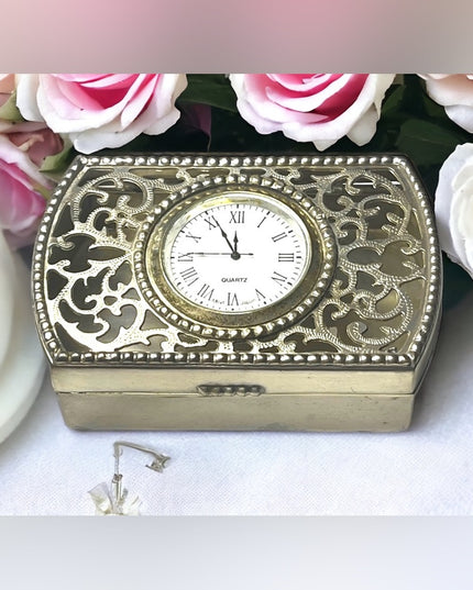 Vintage Silver finish ornate filagree trinket box with clock