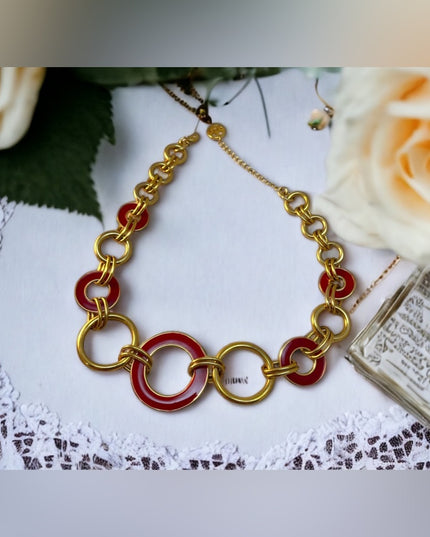 - C1980 Crown Trifari Red enamel gold finish Circle Nautical necklace