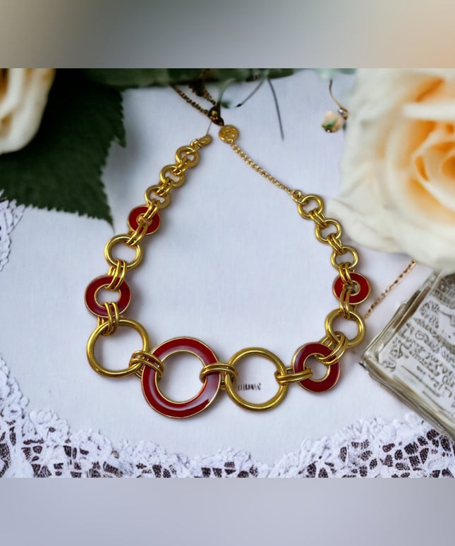 - C1980 Crown Trifari Red enamel gold finish Circle Nautical necklace