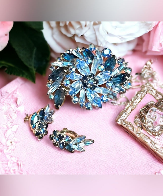 Vintage 1950s Blue AB crystal SHERMAN Brooch & clip on earrings Matching SET LG