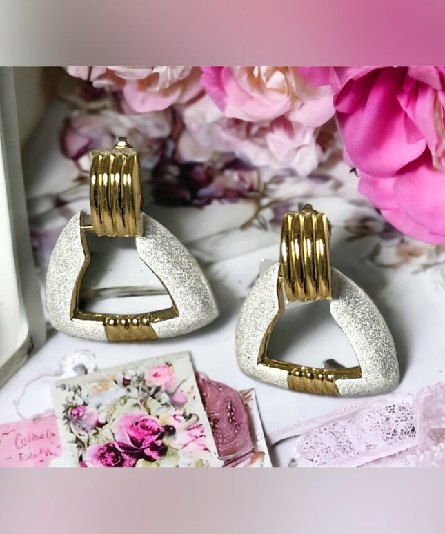 Vintage 1980s Butler silver & gold geometric dangle clip on earrings FAC
