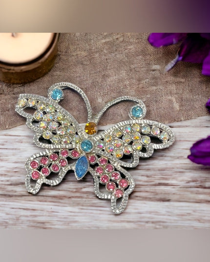 Silver multi color crystal large butterfly brooch
