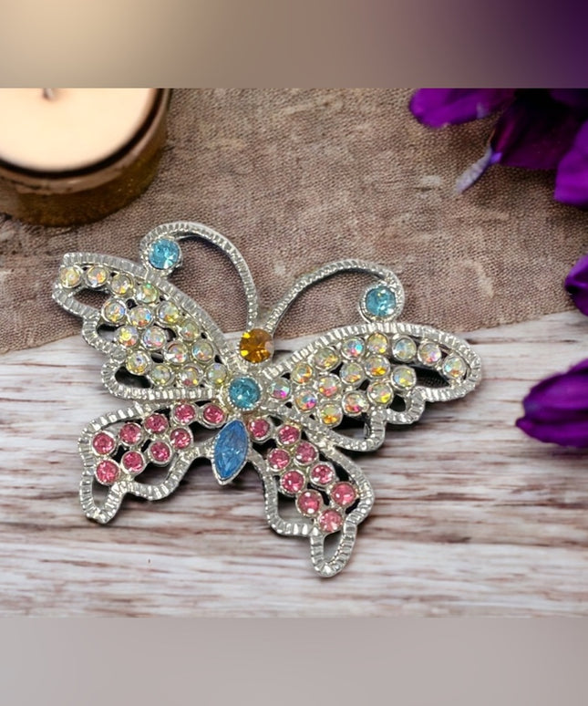Silver multi color crystal large butterfly brooch