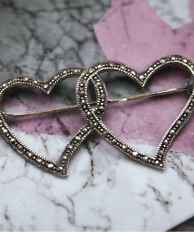 Vintage sterling silver marcasite two hearts brooch
