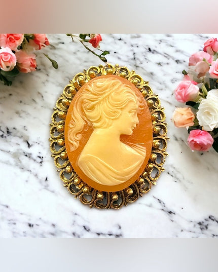 Vintage Large Cameo gold finish brooch resin