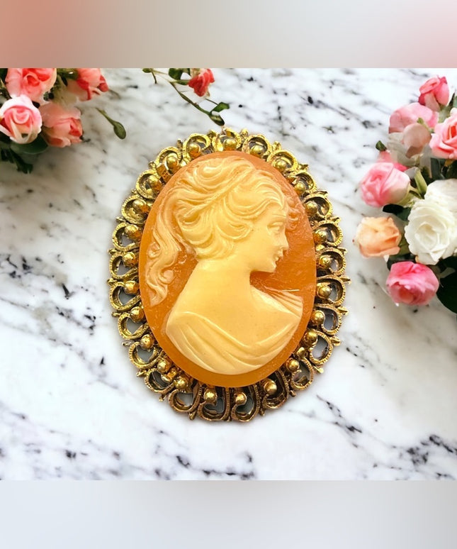 Vintage Large Cameo gold finish brooch resin