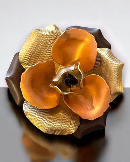 Vintage Mid century Metal Copper silver gold tone FLOWER brooch