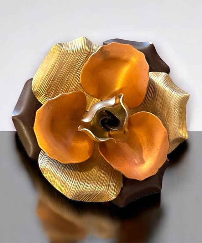 Vintage Mid century Metal Copper silver gold tone FLOWER brooch