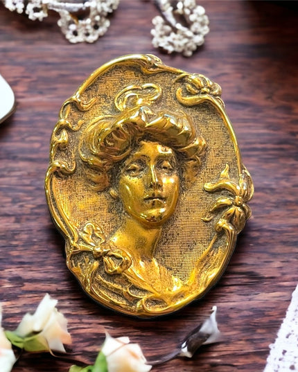 Vintage gold finish large cameo brooch Gibson Girl