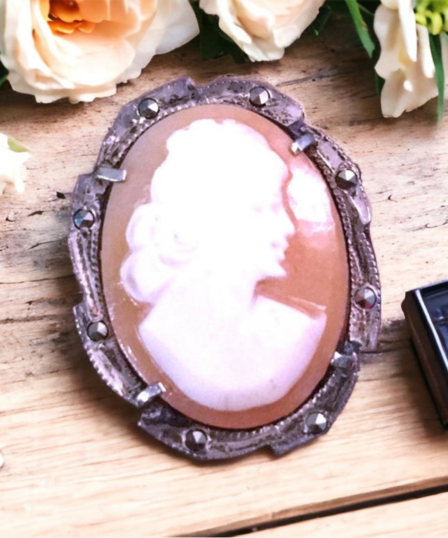 Vintage silver 800 shell cameo brooch