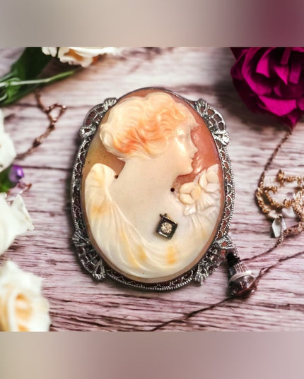 Antique Sterling silver 925 ornate Large Shell Cameo Brooch