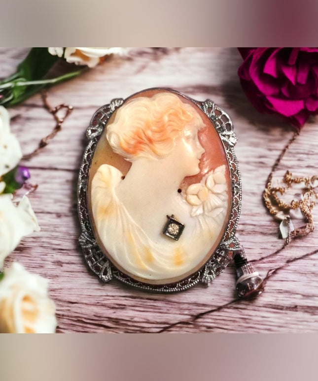 Antique Sterling silver 925 ornate Large Shell Cameo Brooch