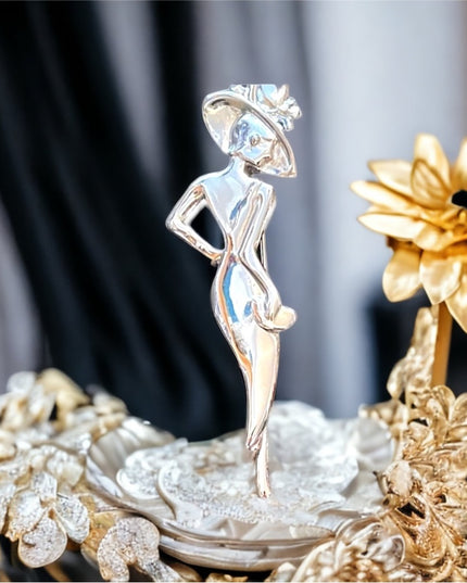 Vintage silver tone metal classy lady in a dress brooch