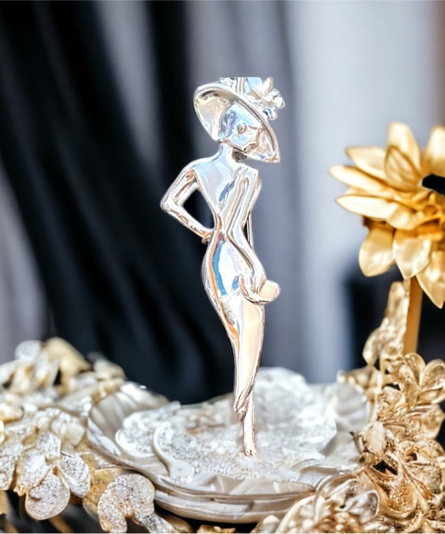 Vintage silver tone metal classy lady in a dress brooch