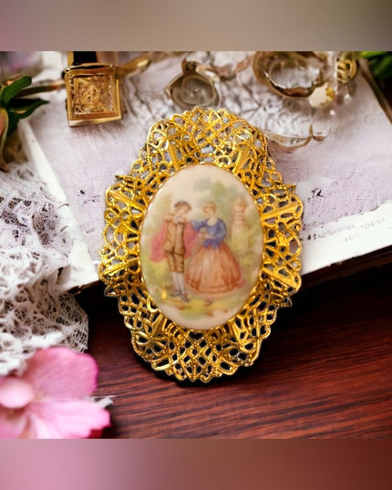 Vintage gold filagree ceramic victorian scene LARGE cameo brooch