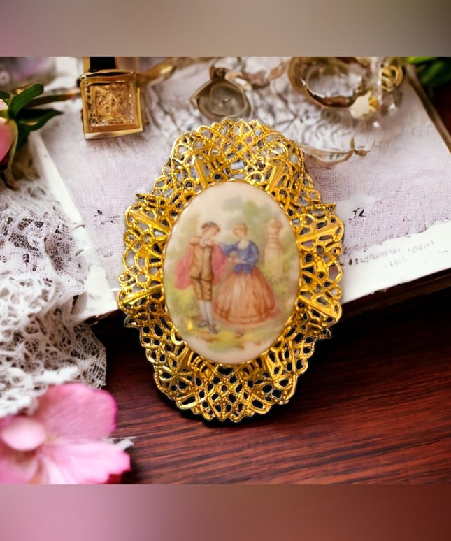 Vintage gold filagree ceramic victorian scene LARGE cameo brooch