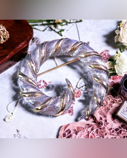 Vintage Silver gold finish fancy swirl brooch Large