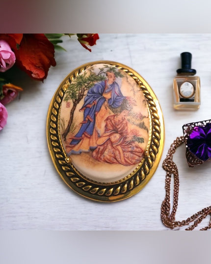 Geisha scene vintage Ceramic Cameo braided gold tone Large