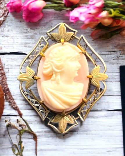 Antique 1920s gold brassy finish cameo brooch Resin